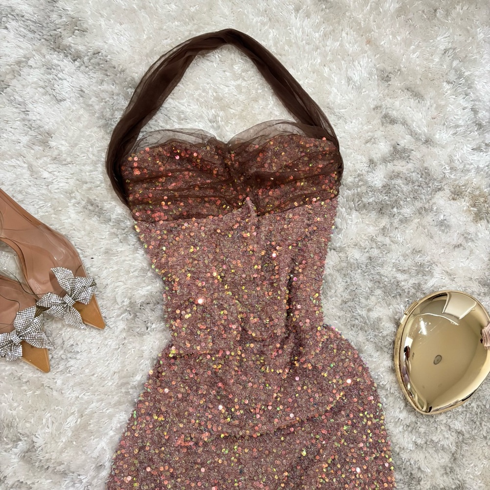 Sequin Halter Dress - Brown